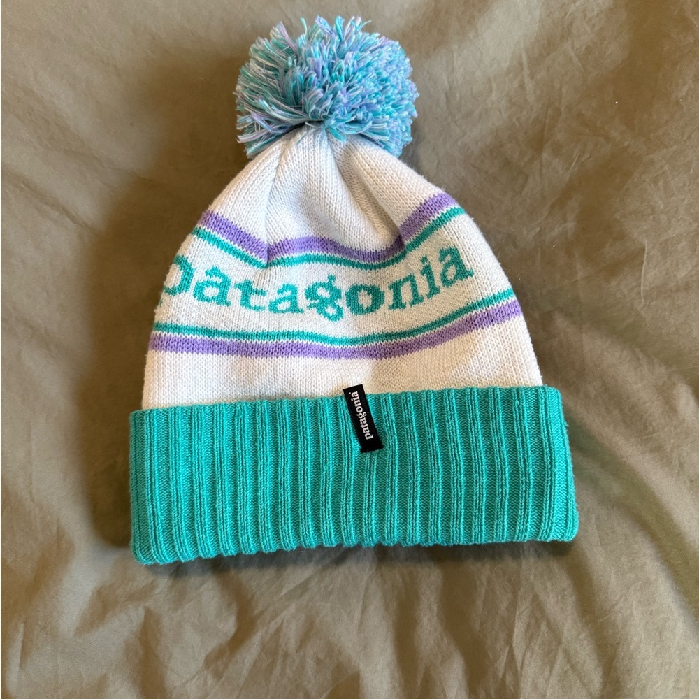 Patagonia Kids' Powder Town Turquoise and White Beanie with Pom-Pom